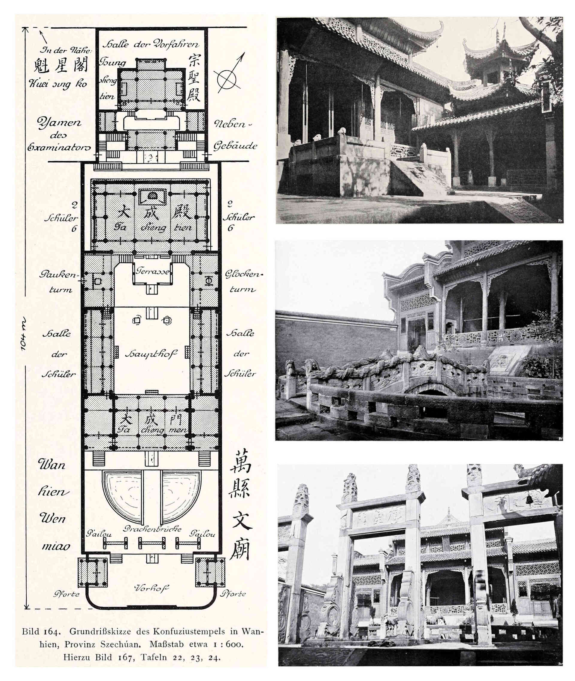 图14 1914年万县文庙平面图及影像(取自:Ernst Boerschmann. Die Baukunst und religiöse Kultur der Chinesen)